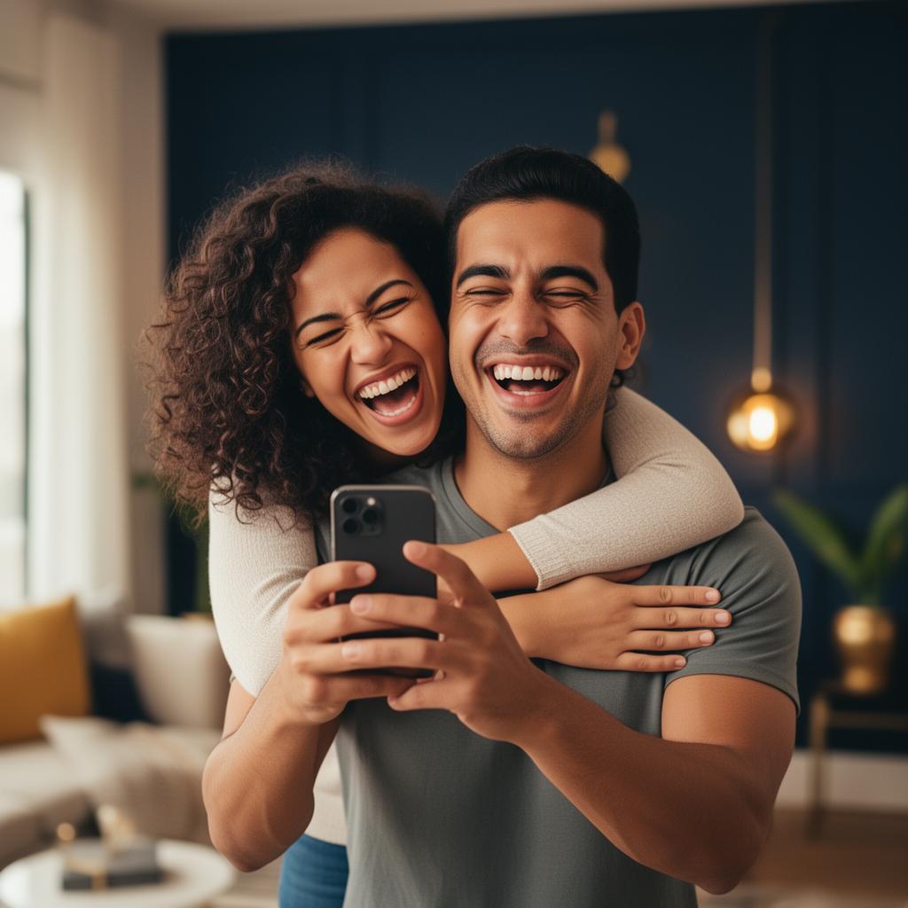 Happy couple laughing together after receiving credit approval on their phone